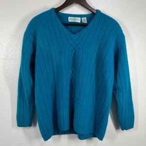 Persuasion Angora Sweater V Neck Lambswool‎ Blend Teal Blue Cable Knit Large